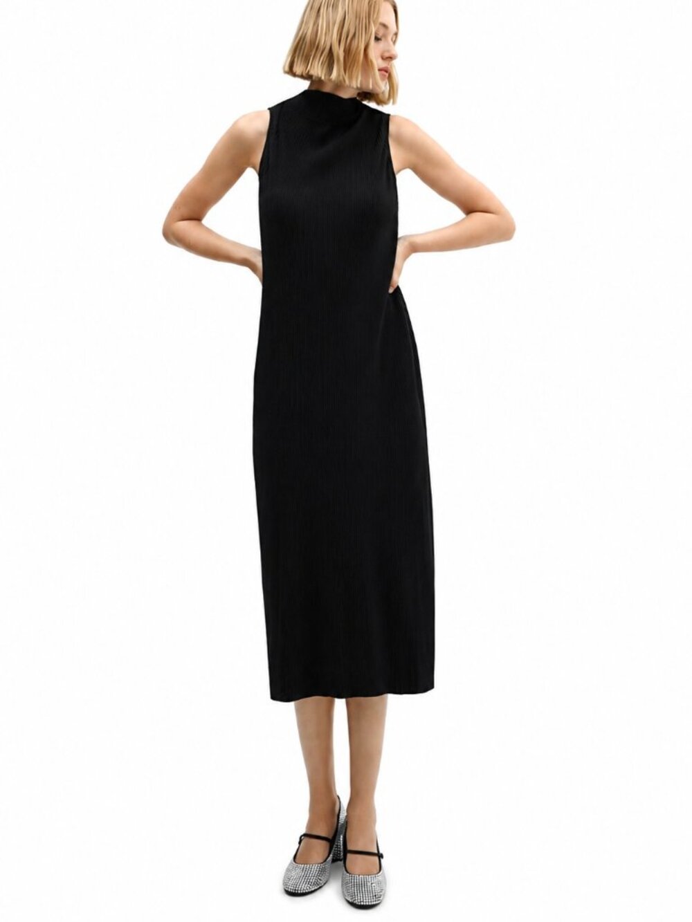 Mango Tailored Ribbed Midi Dress Black (Size US 2)